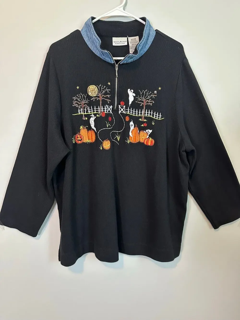 Vintage Y2K White Stag 18W 20W Halloween Ghost Pumpkin Embroidered 1/4 Zip Top